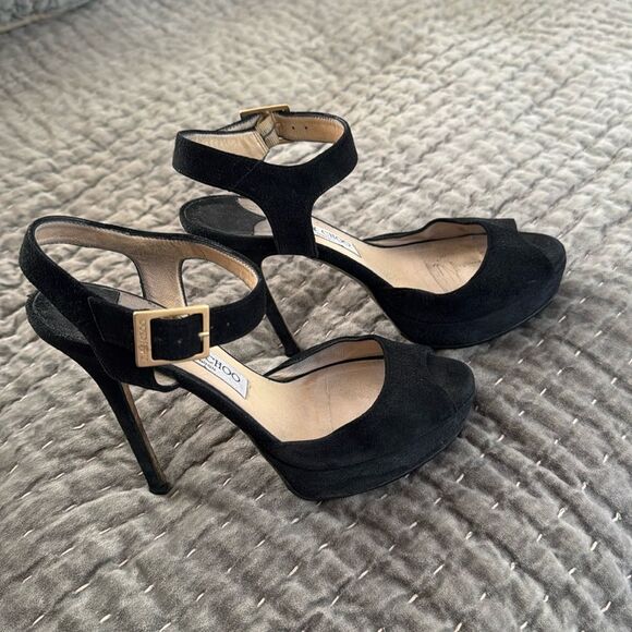 Jimmy Choo Shoes - JIMMY CHOO Linda Black Suede Platform open Toe Sandals. Size 37.5